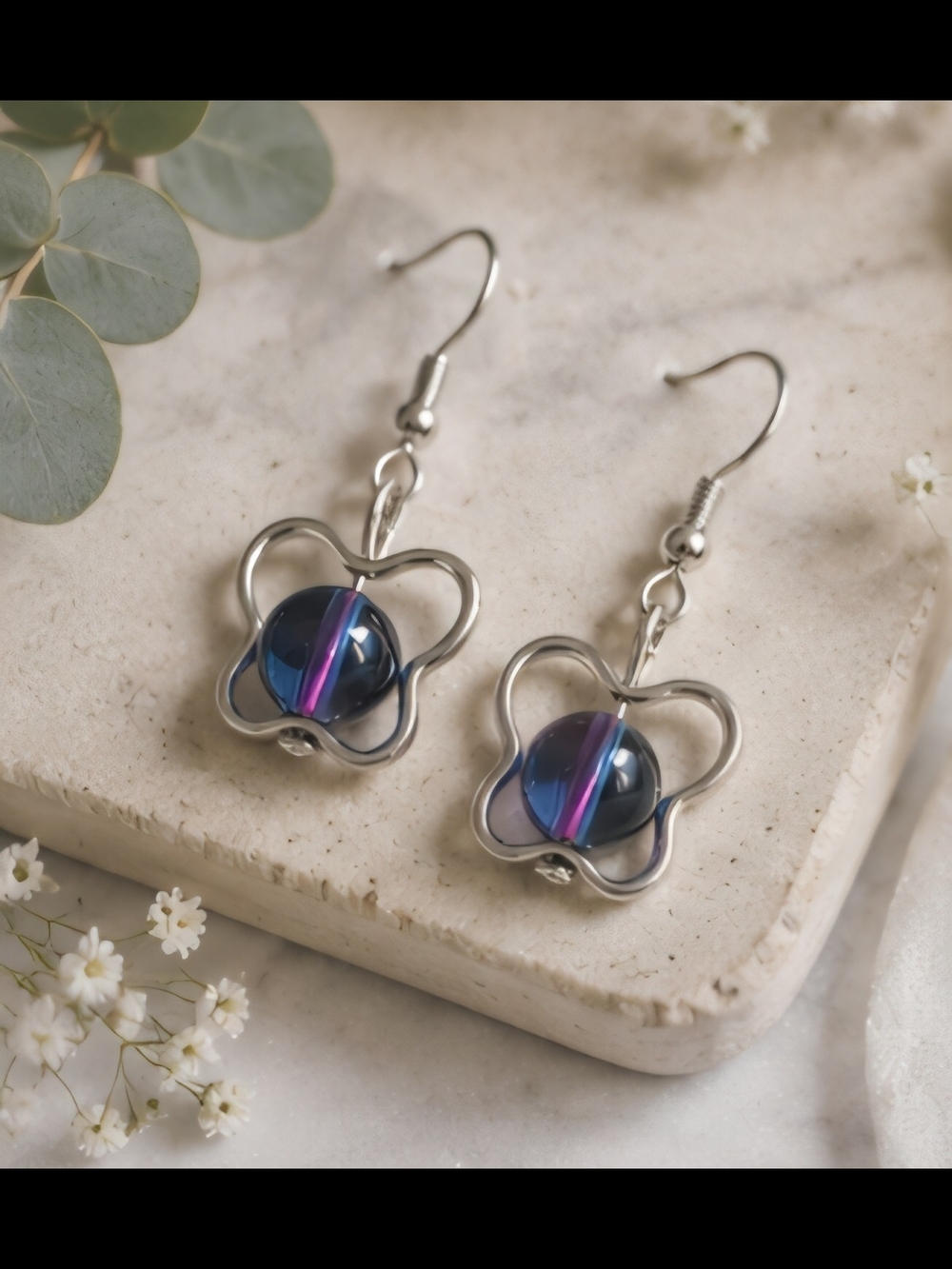 Butterfly Drop Earrings with Iridescent Blue-Purple Beads